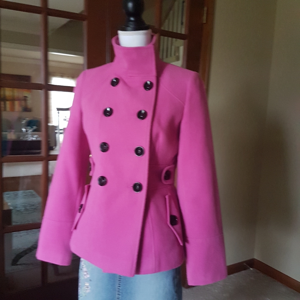 Fuchsia Pink Double Breasted Pea Coat with Black Buttons from London - Picture 13 of 17